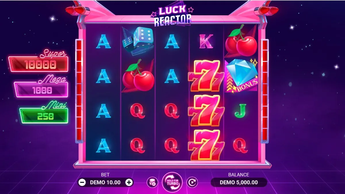 Tampilan visual futuristik dari slot Luck Reactor dengan simbol neon dan latar belakang kosmik.