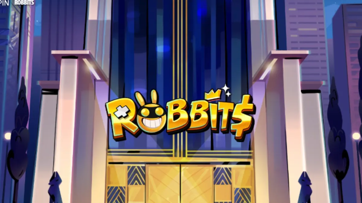 Karakter kelinci perampok dalam slot Robbits dengan latar belakang kasino neon.