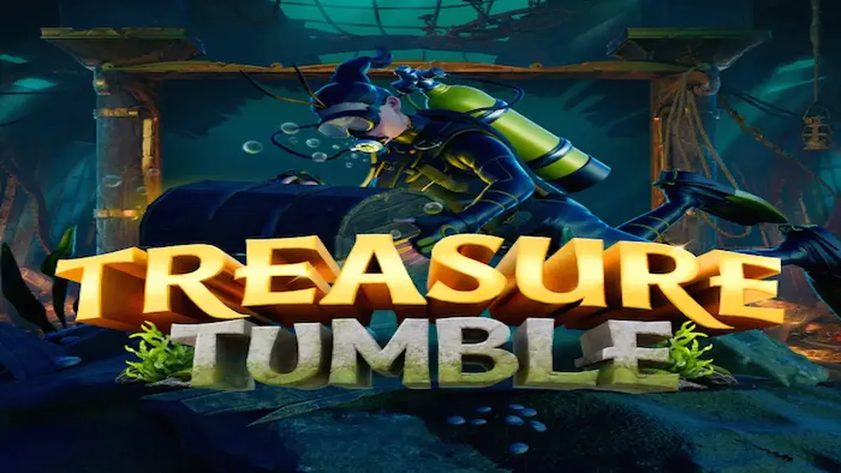 Pemandangan bawah laut yang misterius dengan peti harta karun dan simbol-simbol slot dalam Treasure Tumble